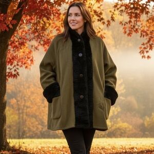 Maralyce Ferree Vintage Olive Green Fleece Faux Fur Trim Oversized Jacket Coat